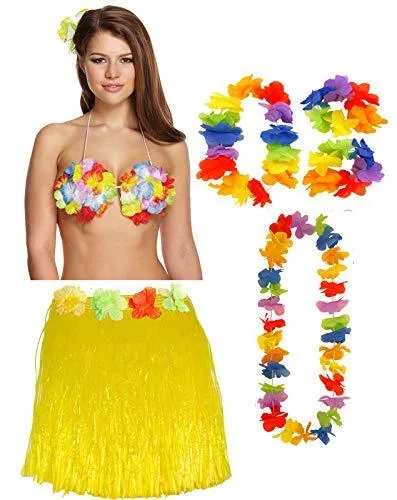 labreeze Ladies Girls Yellow 40 Cm Hula Skirt Lei Flower Bra Hawaiian Summer Party Dress