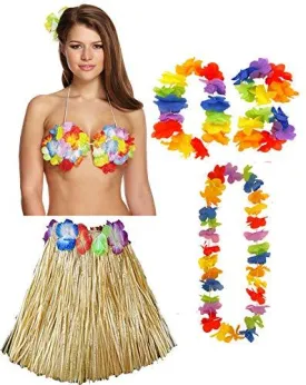 labreeze Ladies Natural 40 Cm Hula Skirt 4 Pcs Lei Set Flower Bra Hawaiian Party Dress