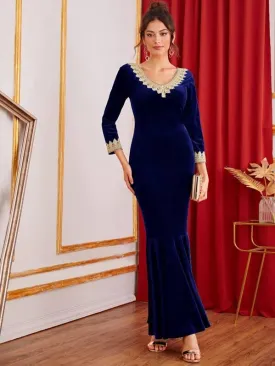 Lace Trim Fishtail Hem Velvet Dress