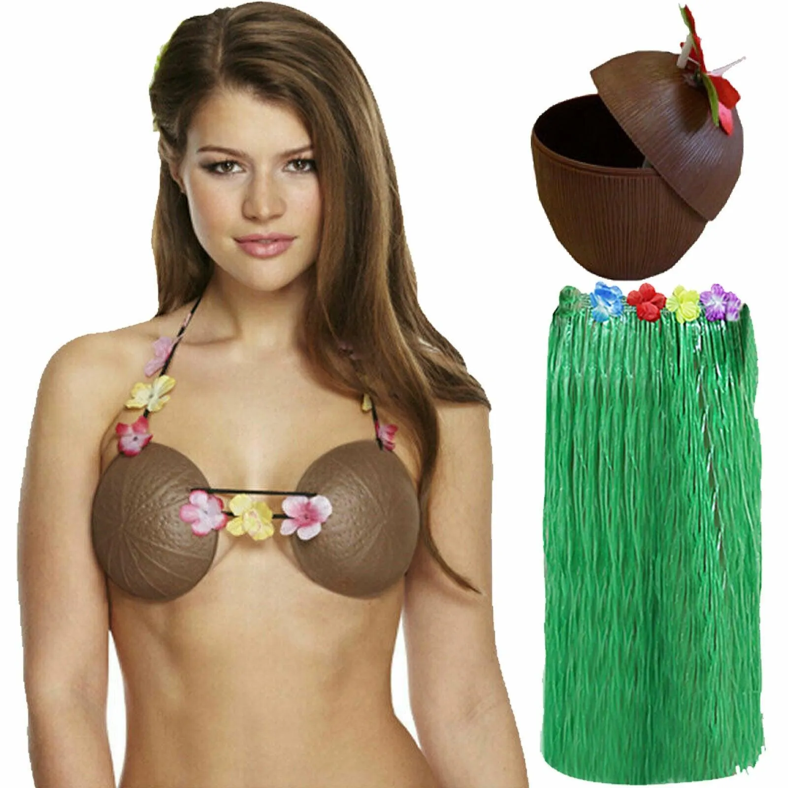 Ladies 80 Cm Hula Grass Skirt Coconut Bra Cup Hawaiian Beach Summer Party Set