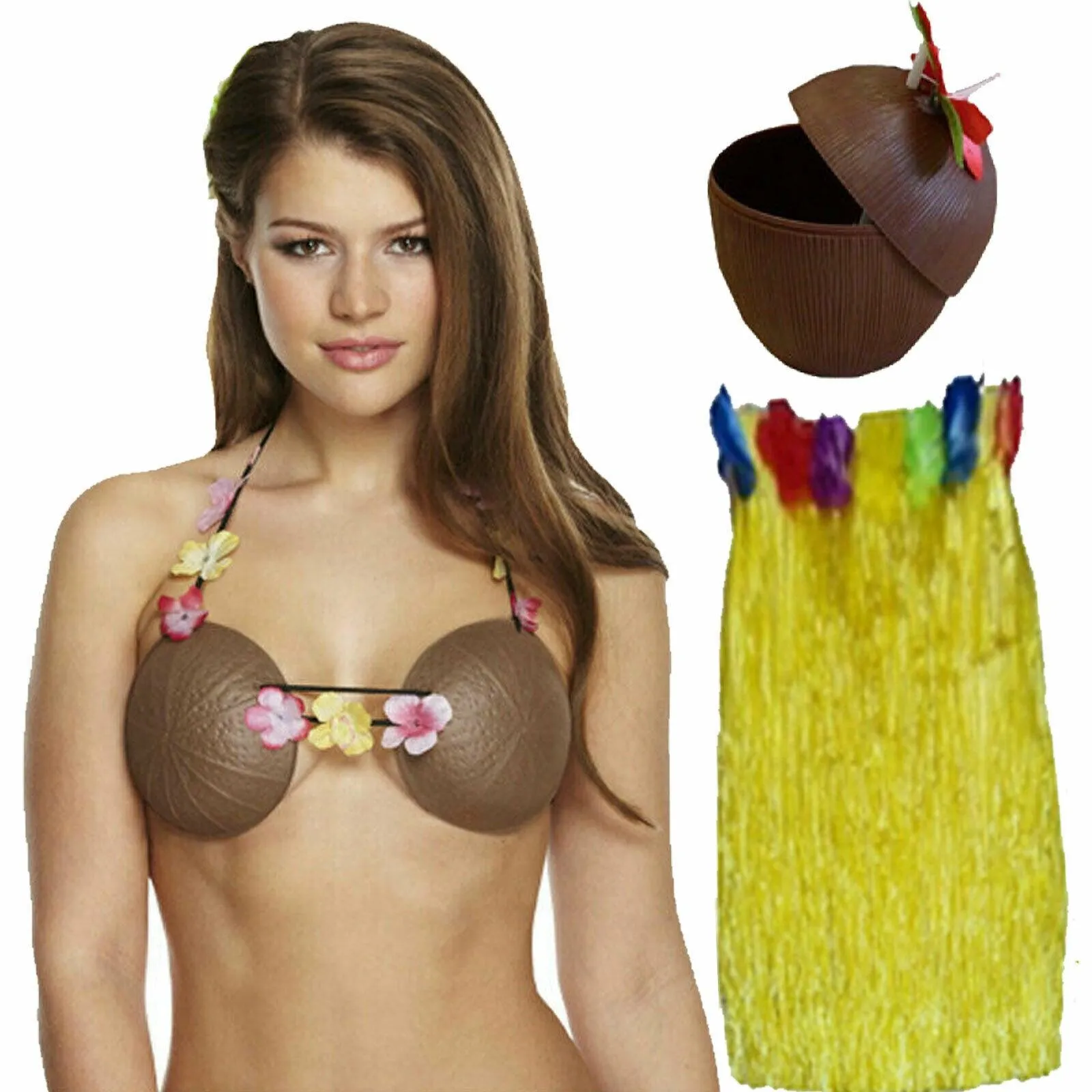 Ladies 80 Cm Hula Grass Skirt Coconut Bra Cup Hawaiian Beach Summer Party Set