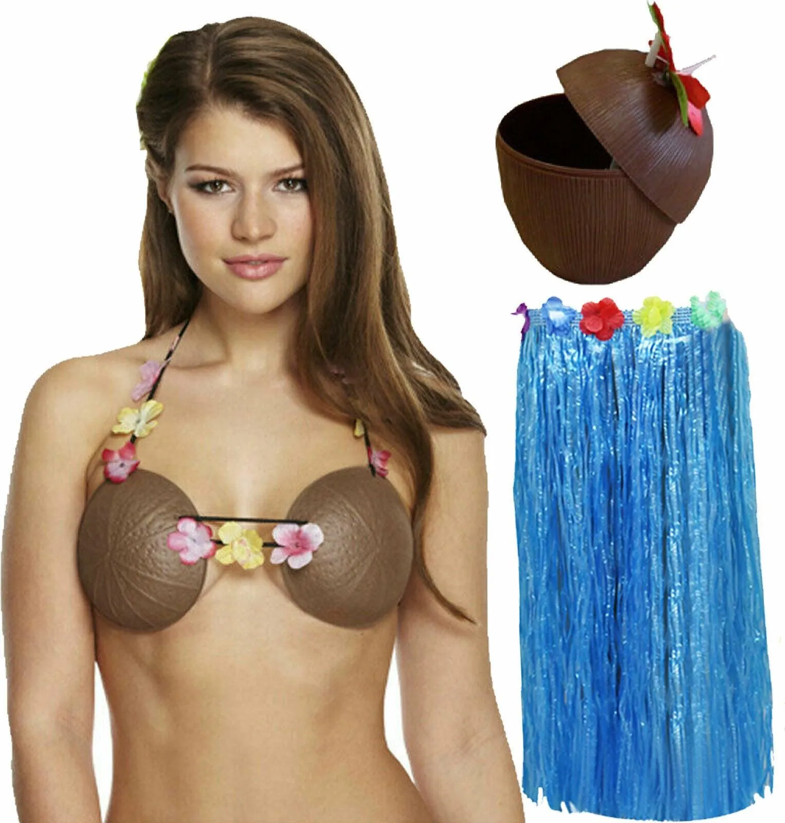 Ladies 80 Cm Hula Grass Skirt Coconut Bra Cup Hawaiian Beach Summer Party Set