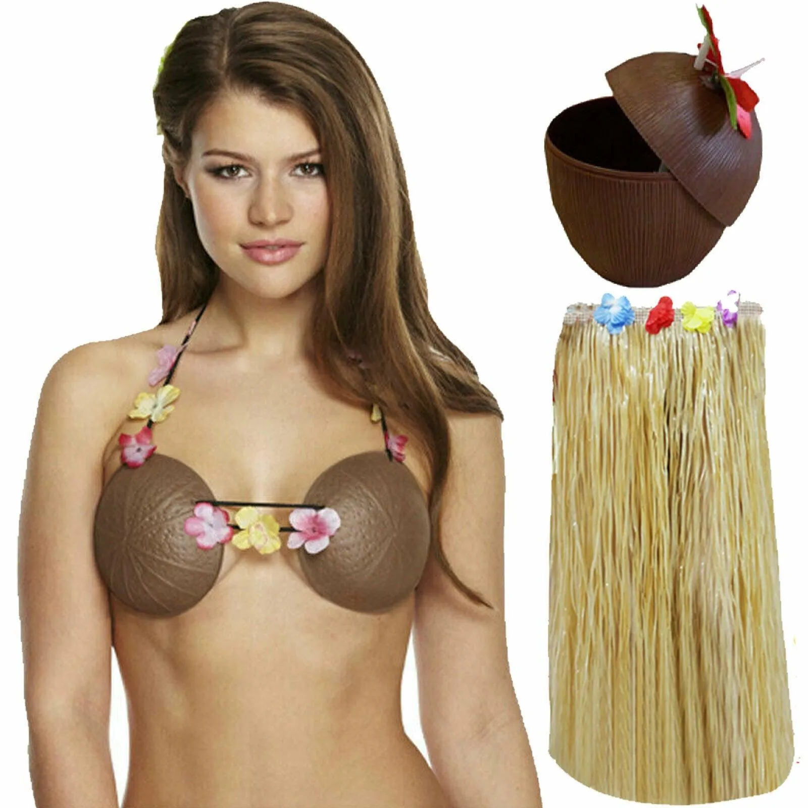 Ladies 80 Cm Hula Grass Skirt Coconut Bra Cup Hawaiian Beach Summer Party Set