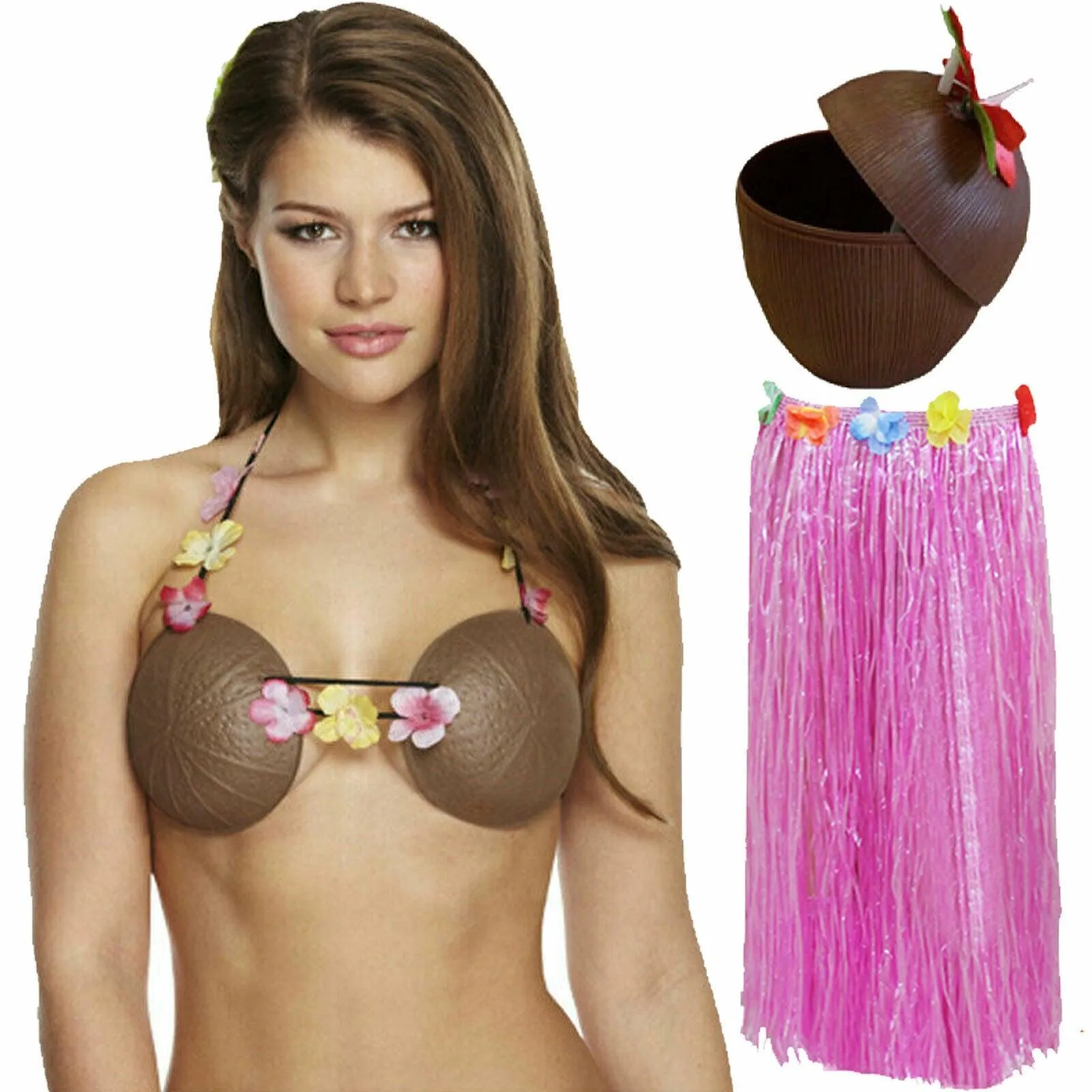 Ladies 80 Cm Hula Grass Skirt Coconut Bra Cup Hawaiian Beach Summer Party Set