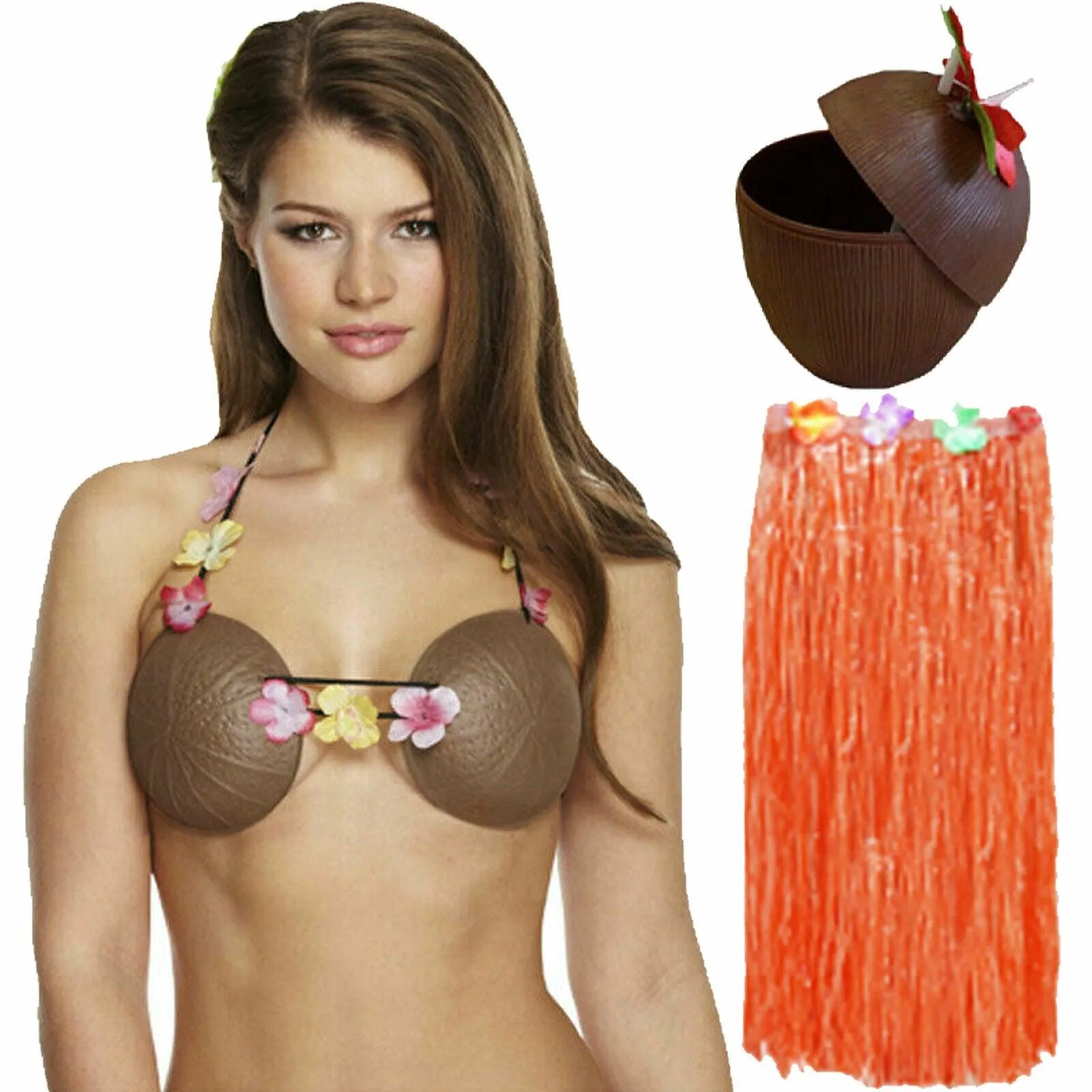 Ladies 80 Cm Hula Grass Skirt Coconut Bra Cup Hawaiian Beach Summer Party Set