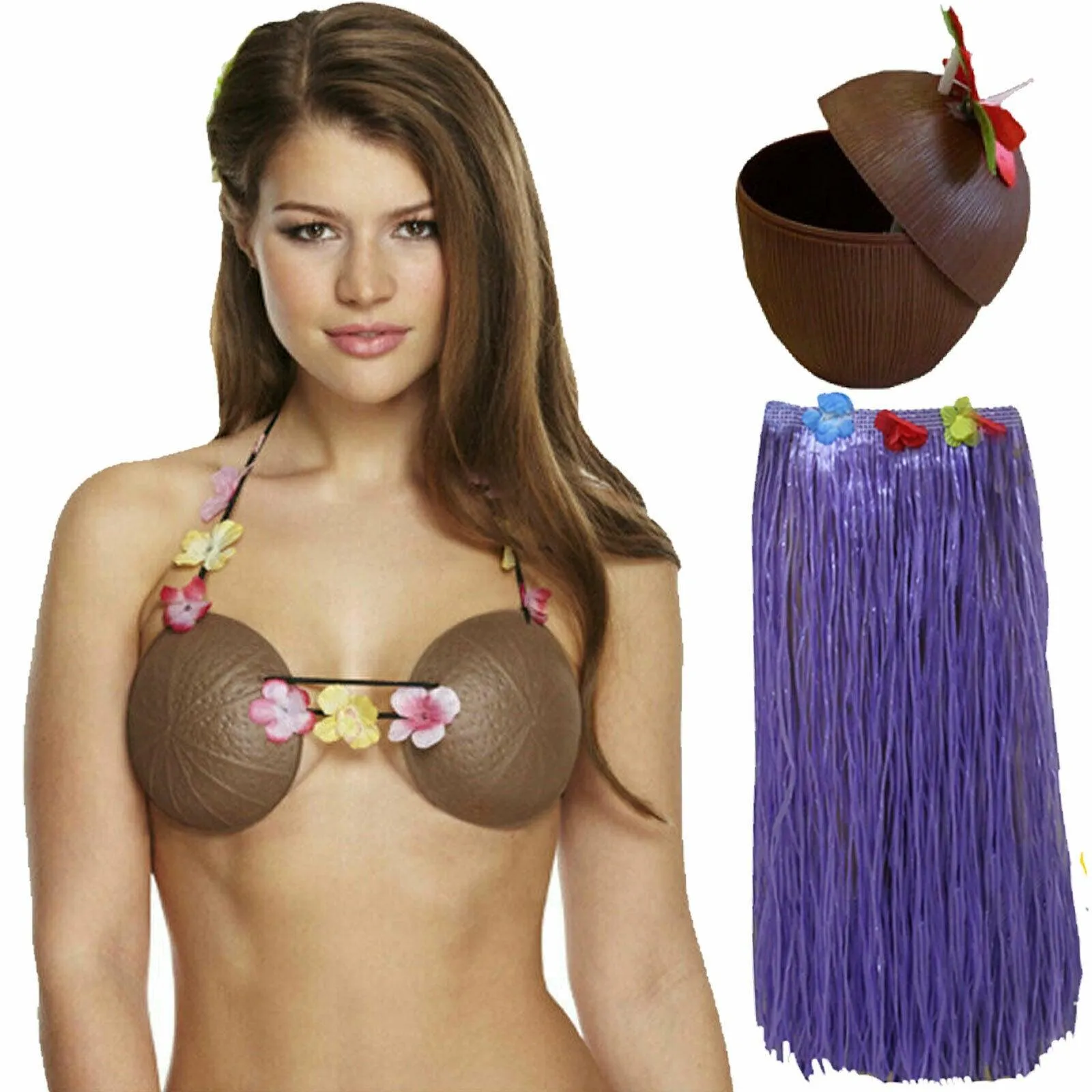Ladies 80 Cm Hula Grass Skirt Coconut Bra Cup Hawaiian Beach Summer Party Set