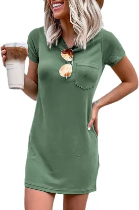 Ladiyo Women T Shirt Dress Summer Fashion Mini Dress Crew Neck Short Sleeve Dress Solid Color Casual Dress with Pocket