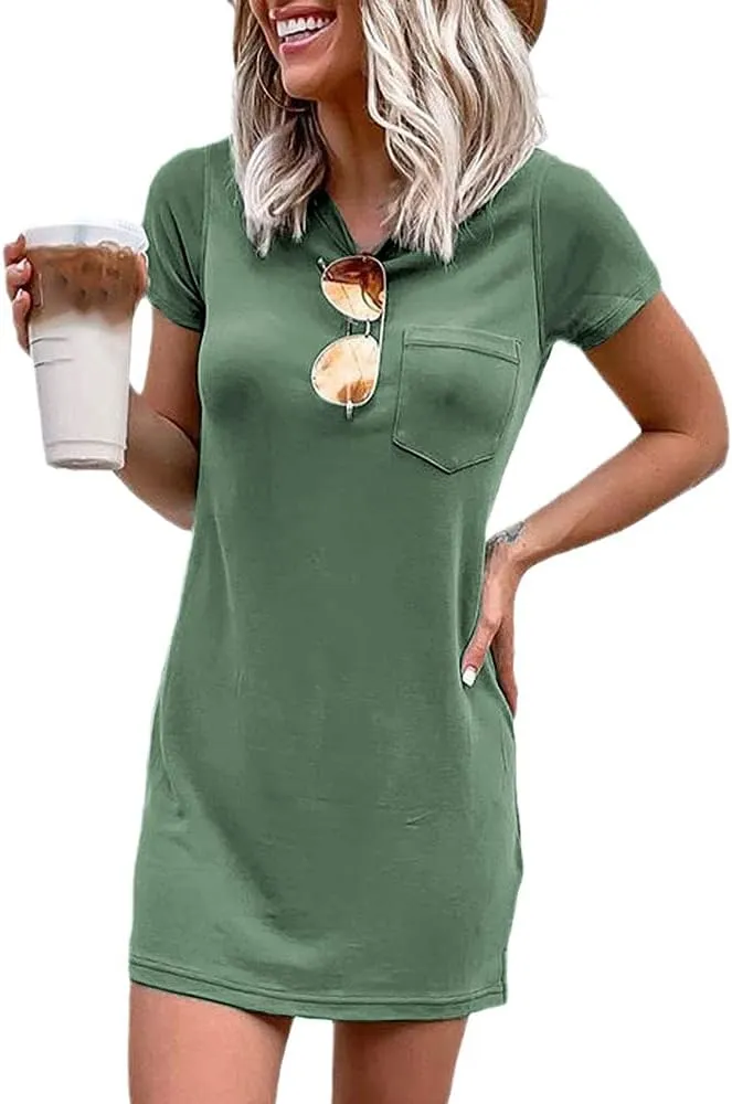 Ladiyo Women T Shirt Dress Summer Fashion Mini Dress Crew Neck Short Sleeve Dress Solid Color Casual Dress with Pocket