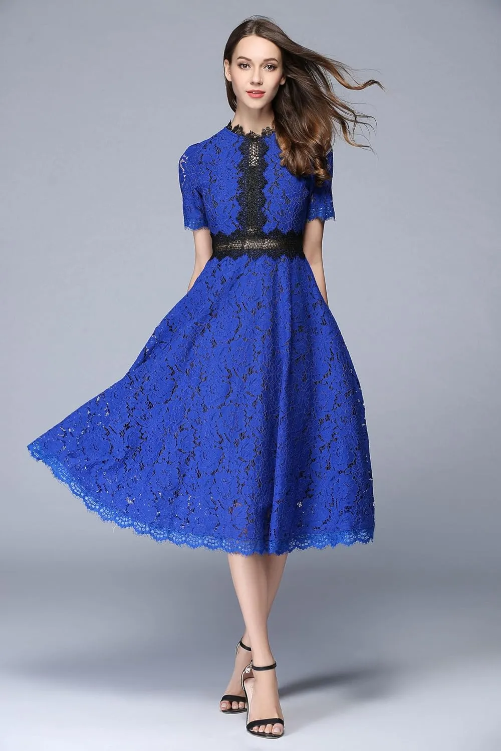 LAI MENG FIVE CATS Women's Short Sleeve Elegant Floral Lace Cocktail Party Swing Midi Dance Dress