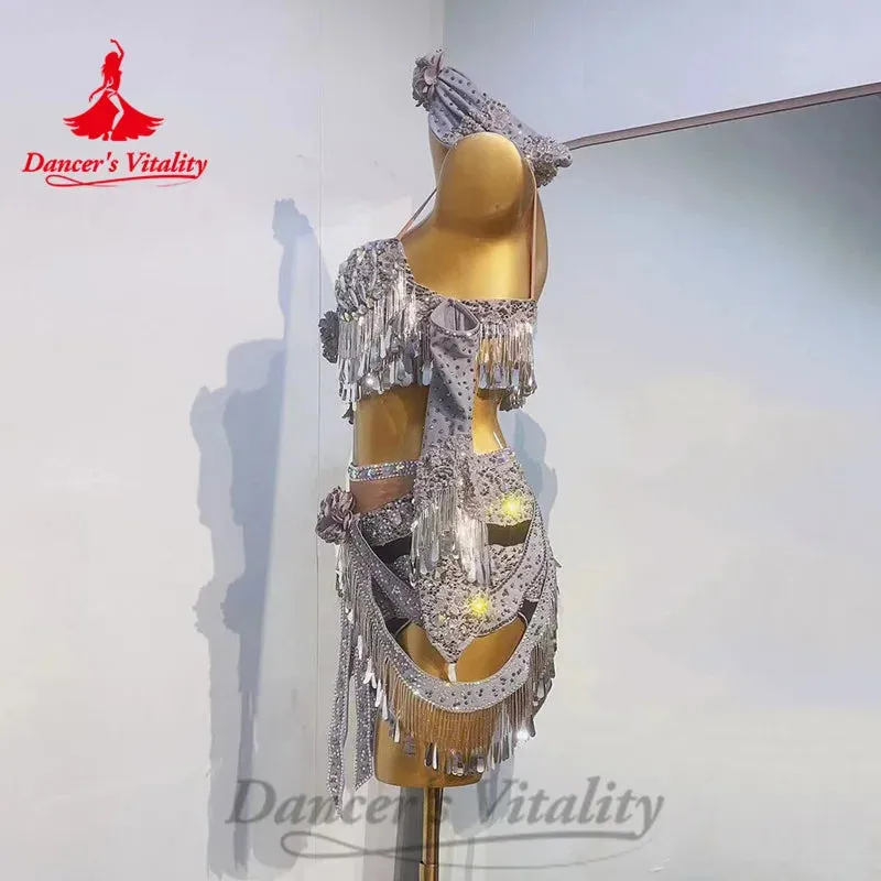 Latin Dance Costumes Suit Customized Exquisite Flowers Bra Sequin Tassel Short Skirt 2pcs Tango Chacha Rumba Performance Costume
