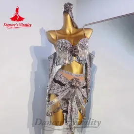 Latin Dance Costumes Suit Customized Exquisite Flowers Bra Sequin Tassel Short Skirt 2pcs Tango Chacha Rumba Performance Costume