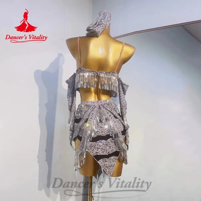 Latin Dance Costumes Suit Customized Exquisite Flowers Bra Sequin Tassel Short Skirt 2pcs Tango Chacha Rumba Performance Costume