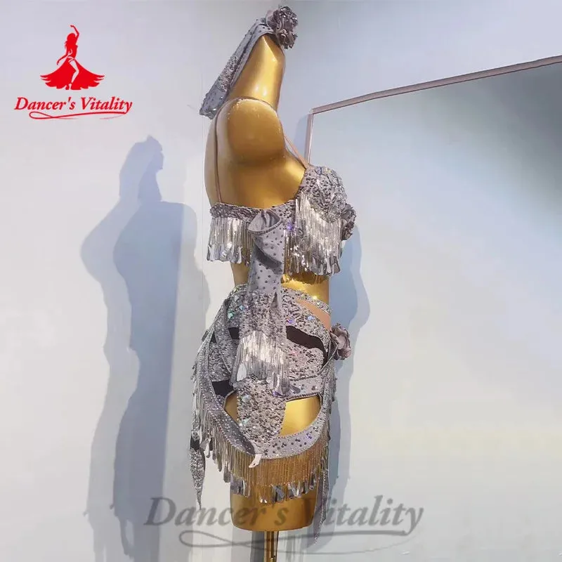 Latin Dance Costumes Suit Customized Exquisite Flowers Bra Sequin Tassel Short Skirt 2pcs Tango Chacha Rumba Performance Costume