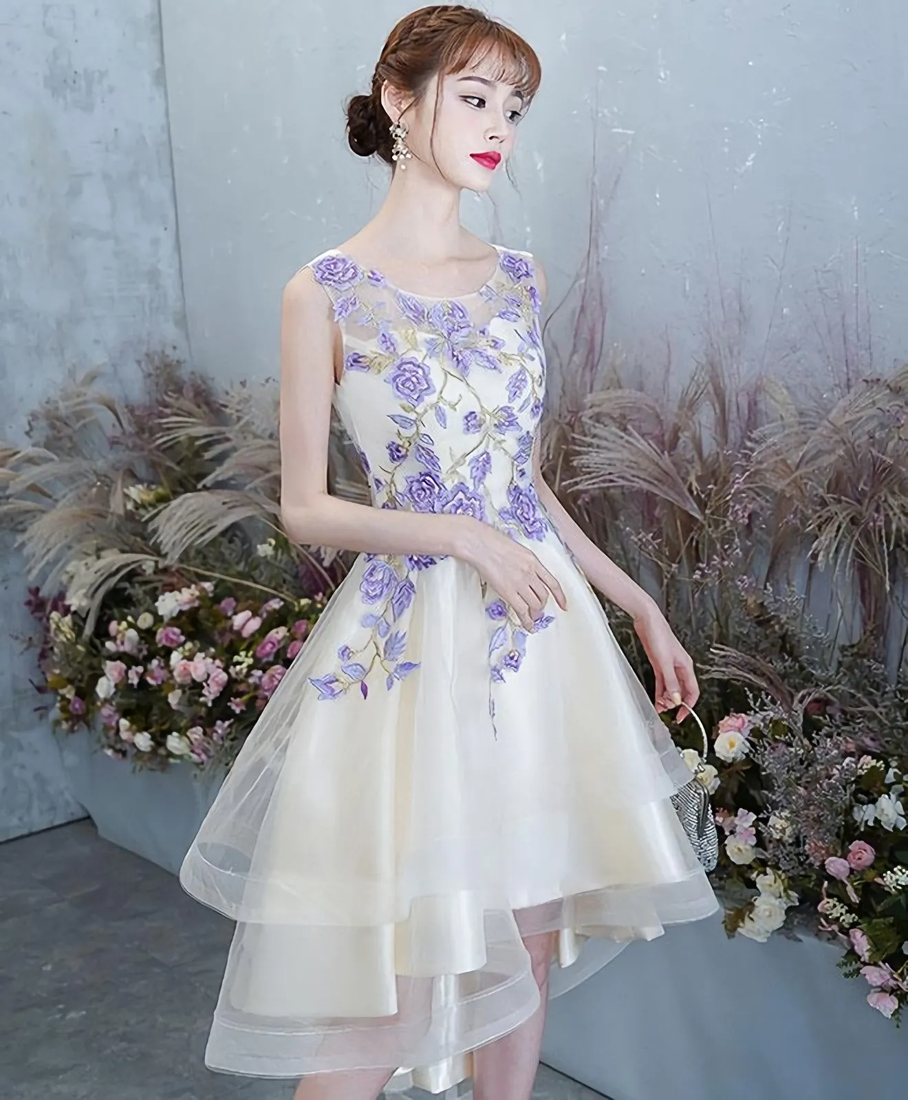 Light Champagne Tulle Lace Short Prom Dress Lace Homecoming Dress