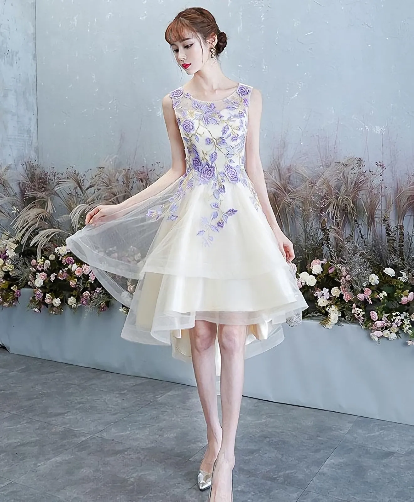 Light Champagne Tulle Lace Short Prom Dress Lace Homecoming Dress