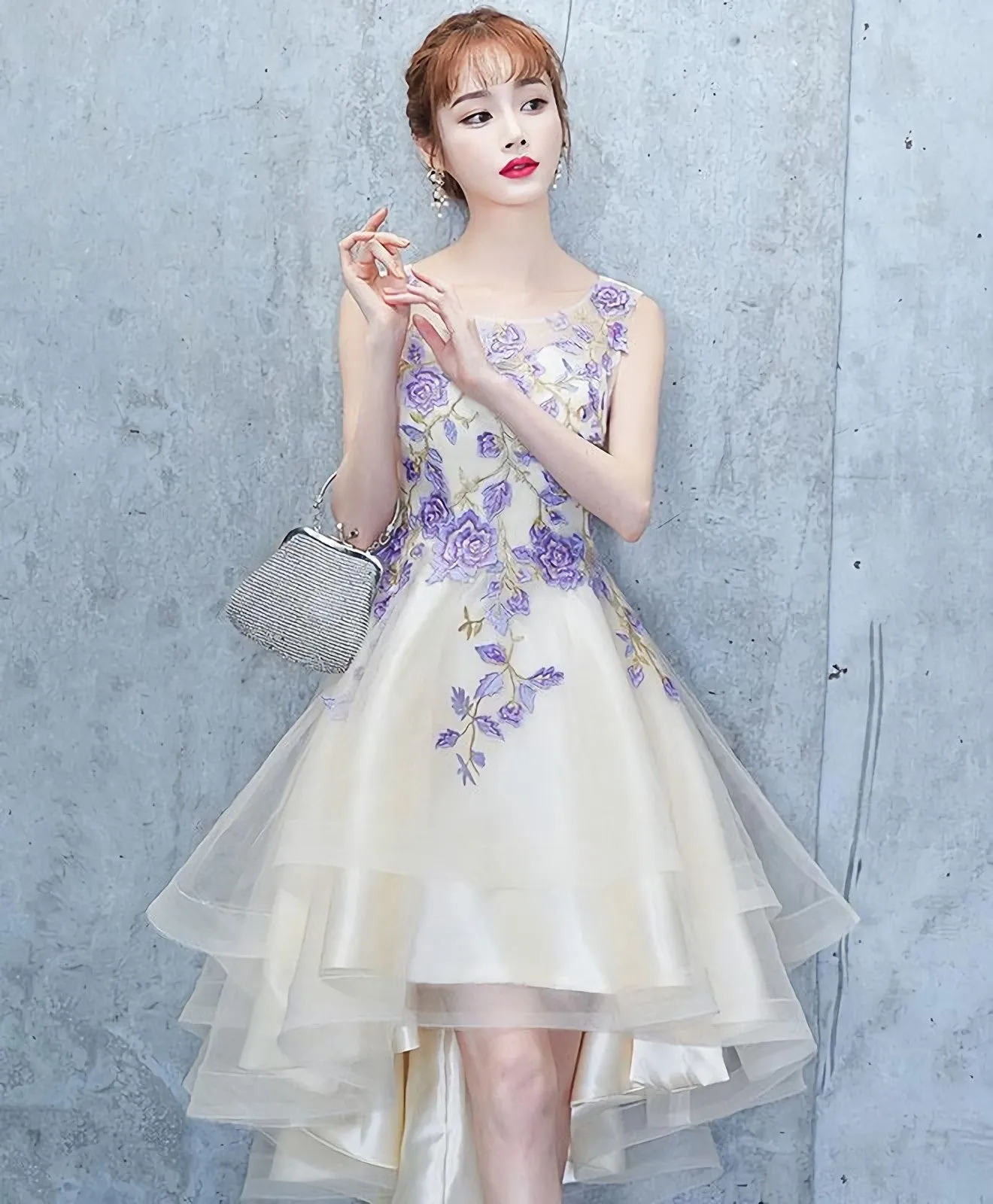 Light Champagne Tulle Lace Short Prom Dress Lace Homecoming Dress