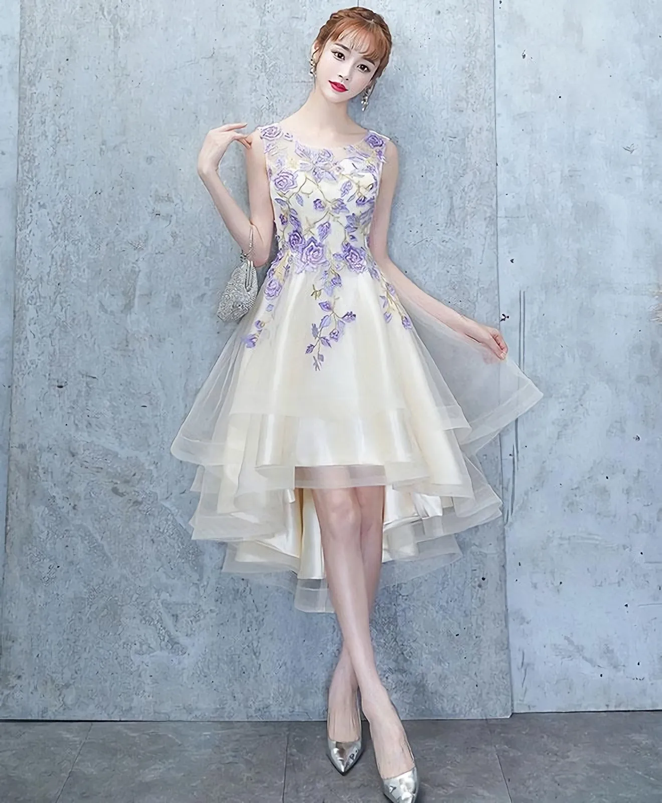 Light Champagne Tulle Lace Short Prom Dress Lace Homecoming Dress