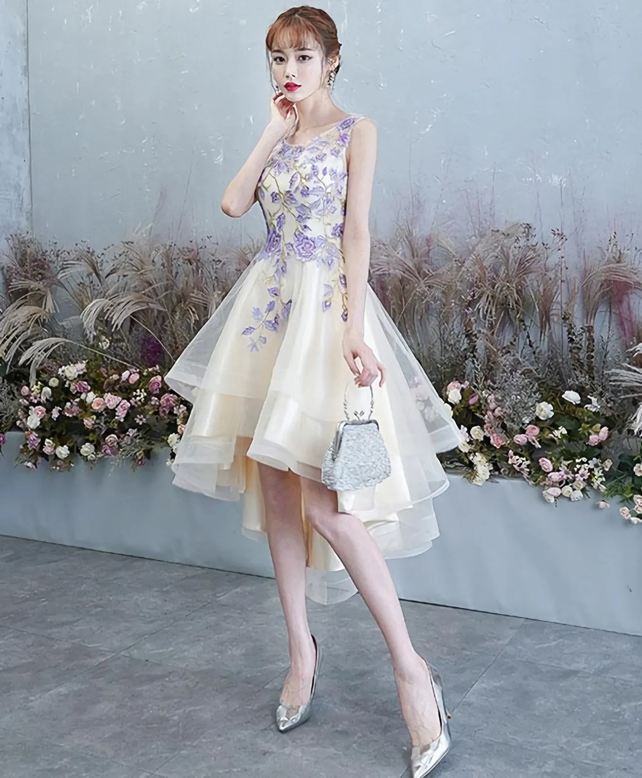 Light Champagne Tulle Lace Short Prom Dress Lace Homecoming Dress