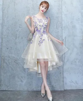 Light Champagne Tulle Lace Short Prom Dress Lace Homecoming Dress