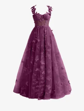 Lydia | Grape A-line Butterfly Lace Lilac Corset Prom Dress with Slit