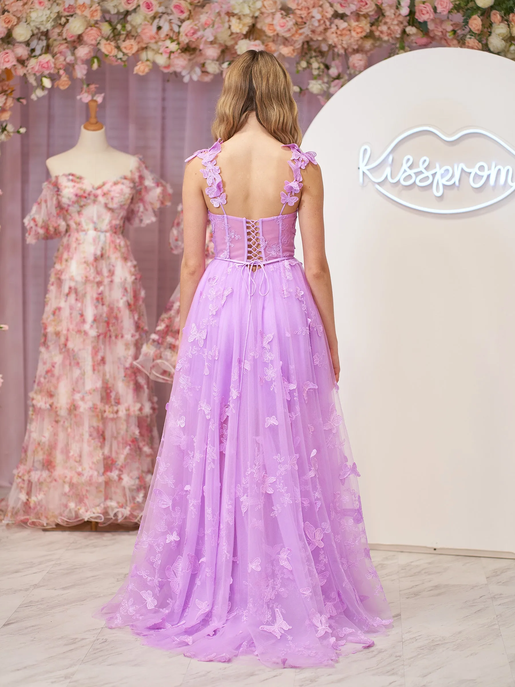 Lydia | Lilac A-line Butterfly Lace Lilac Corset Prom Dress with Slit