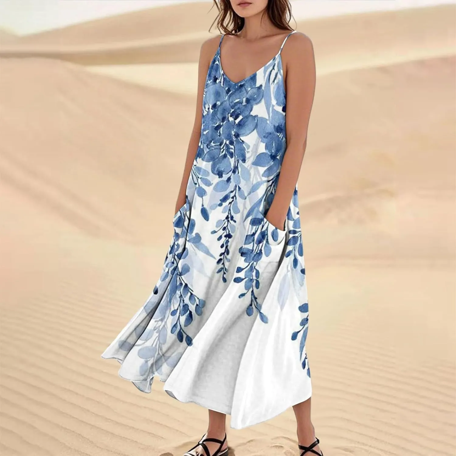Maxi Dresses for Women Summer Sleeveless Beach Vacation Dress Casual O Neck Tank Dress Loose Sundress with Pockets
