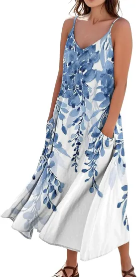 Maxi Dresses for Women Summer Sleeveless Beach Vacation Dress Casual O Neck Tank Dress Loose Sundress with Pockets