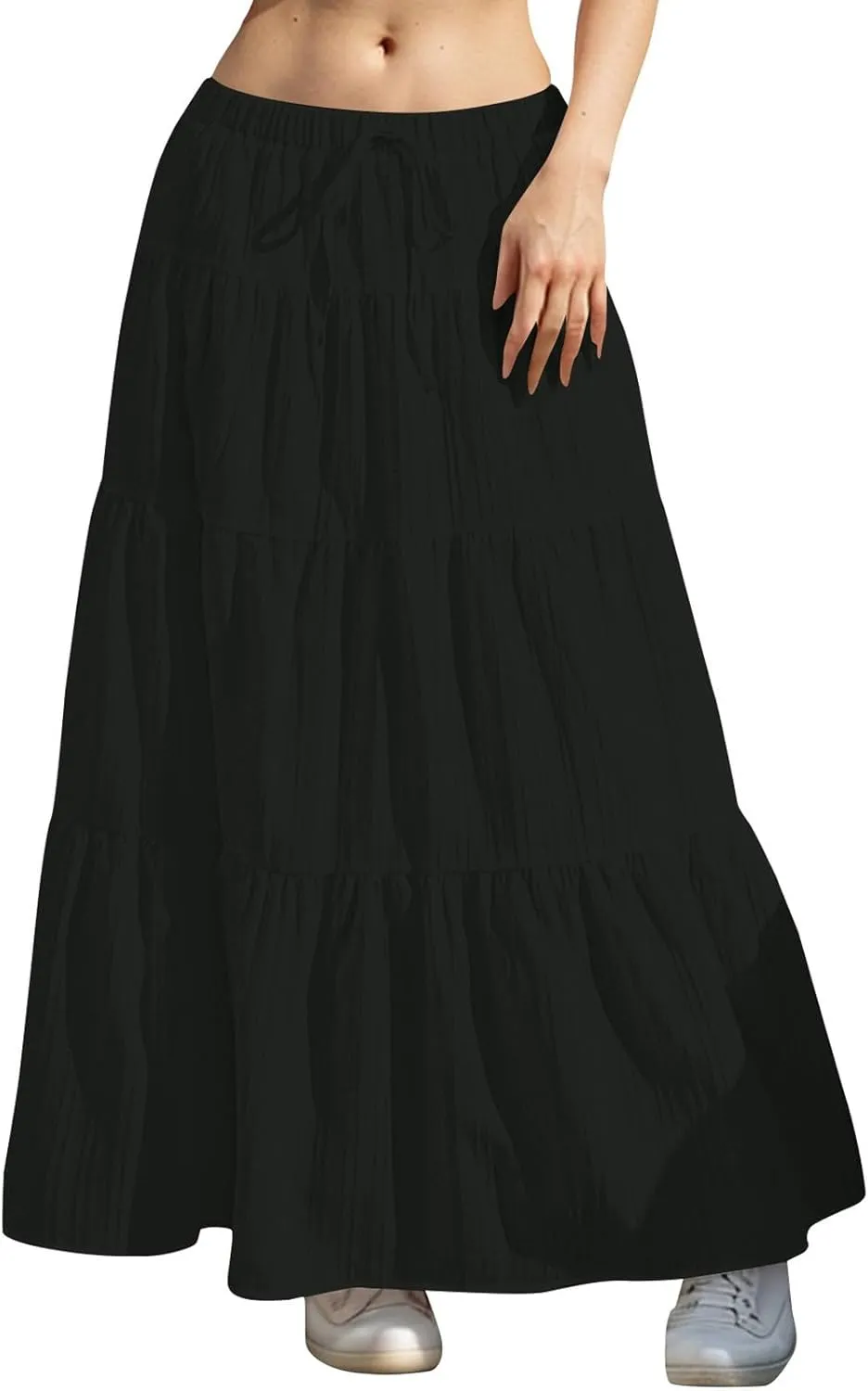 Maxi Skirts for Women Flowy Drawstring Elastic Waist Tiered Ruffle Hem Skort Summer Casual Solid Color A Line Skirt