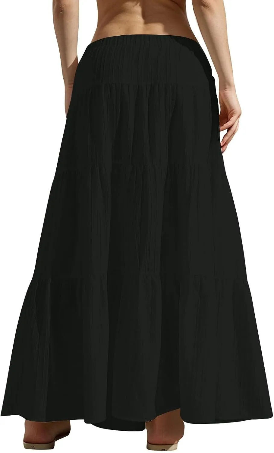 Maxi Skirts for Women Flowy Drawstring Elastic Waist Tiered Ruffle Hem Skort Summer Casual Solid Color A Line Skirt