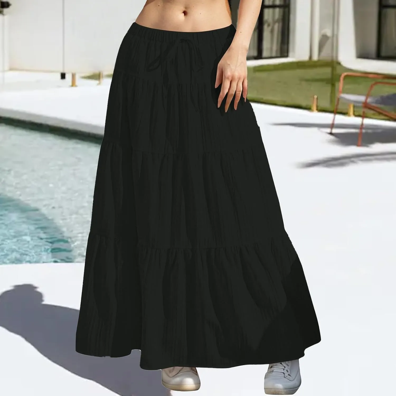 Maxi Skirts for Women Flowy Drawstring Elastic Waist Tiered Ruffle Hem Skort Summer Casual Solid Color A Line Skirt