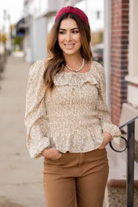 Micro Floral Ruched Top Peplum Blouse