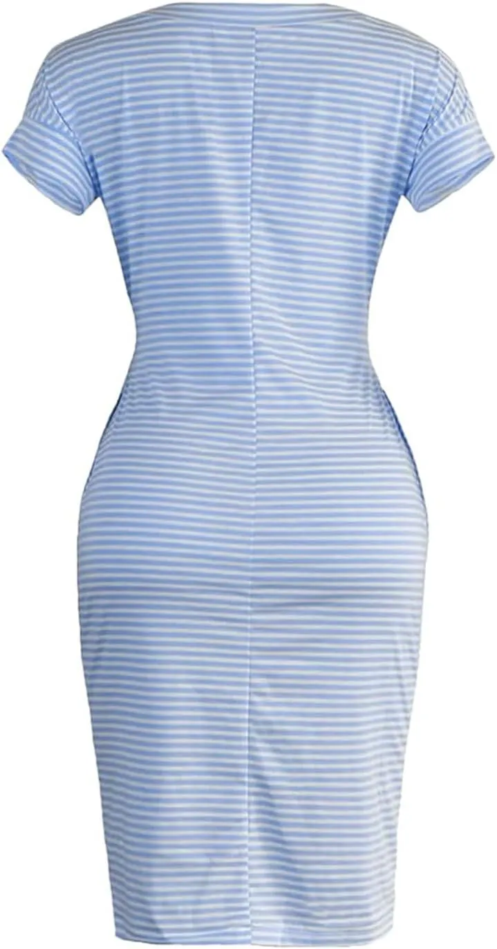 midelxp T Shirt Dresses for Women 2024 Trendy Tie Waist Striped Dress with Pockets Casual Crewneck Short Sleeve Midi Dress