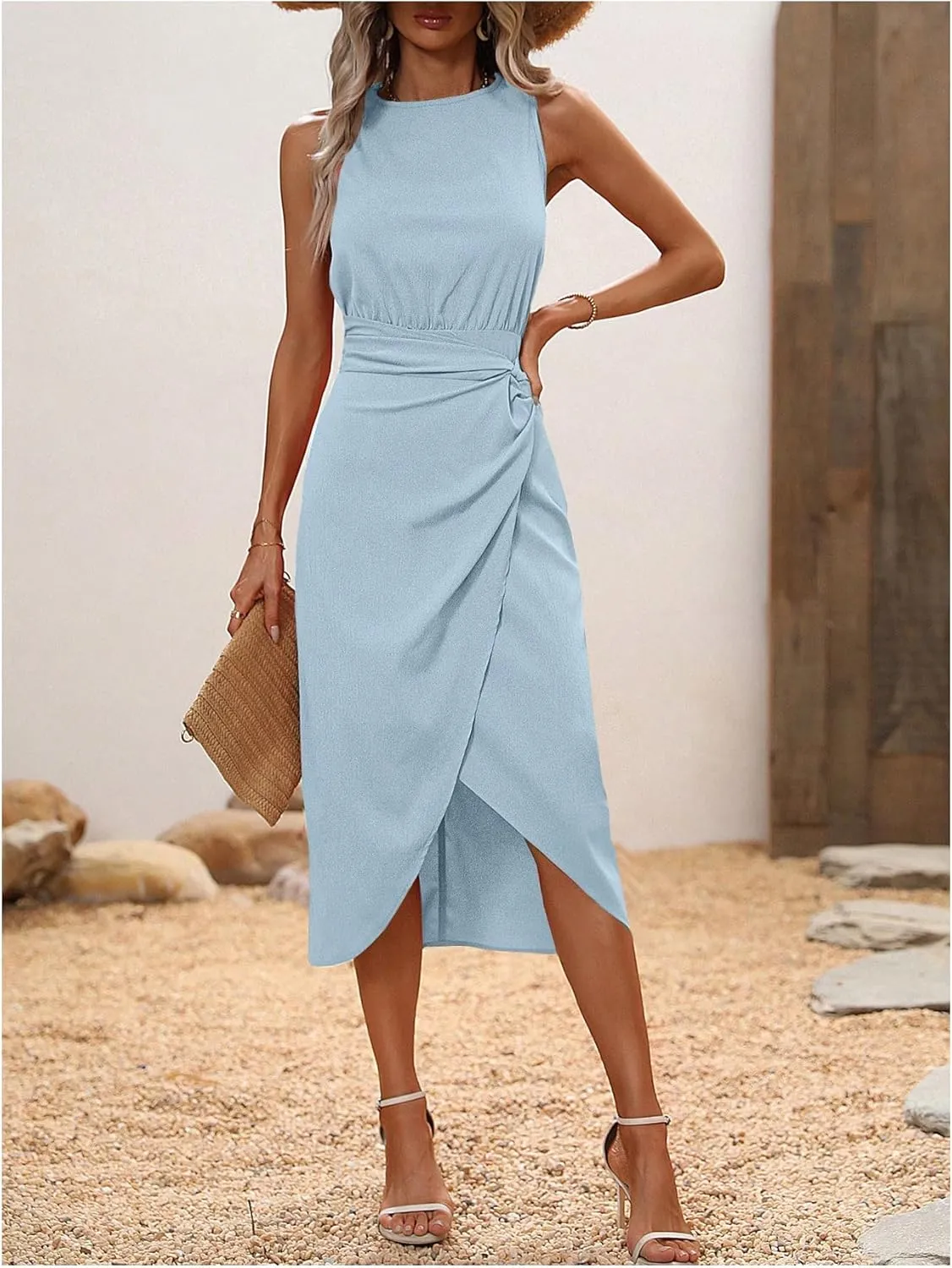 Milumia Women's Summer Wrap Hem Ruched Midi Dress Sleeveless Twist Side Tank Dresses