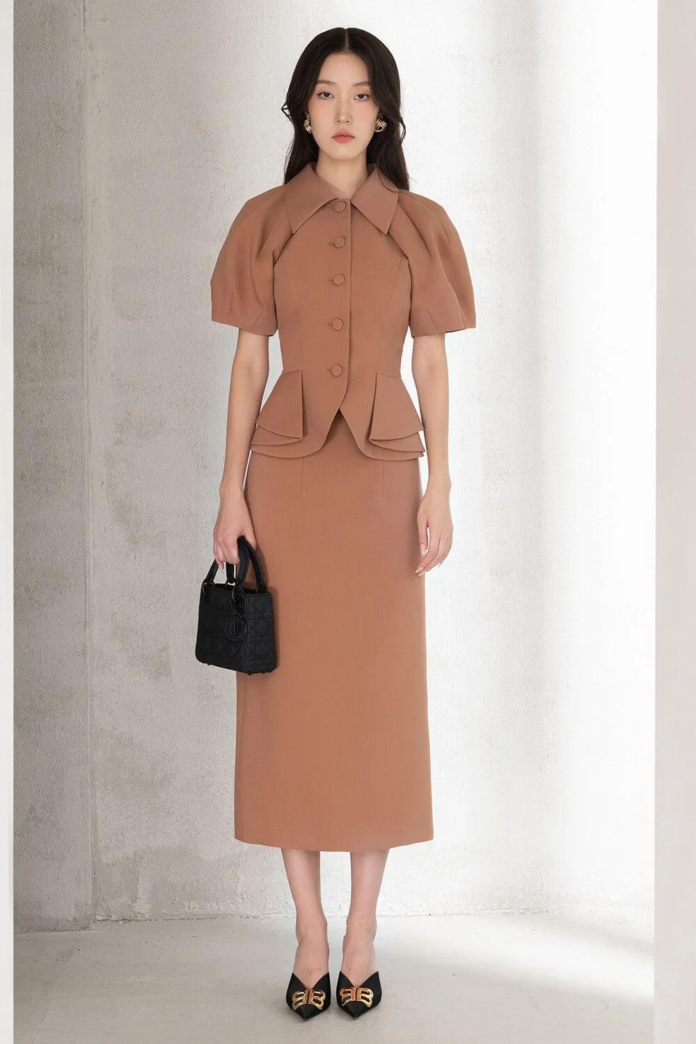 Molisa Sheath Back Slit Twill Midi Skirt