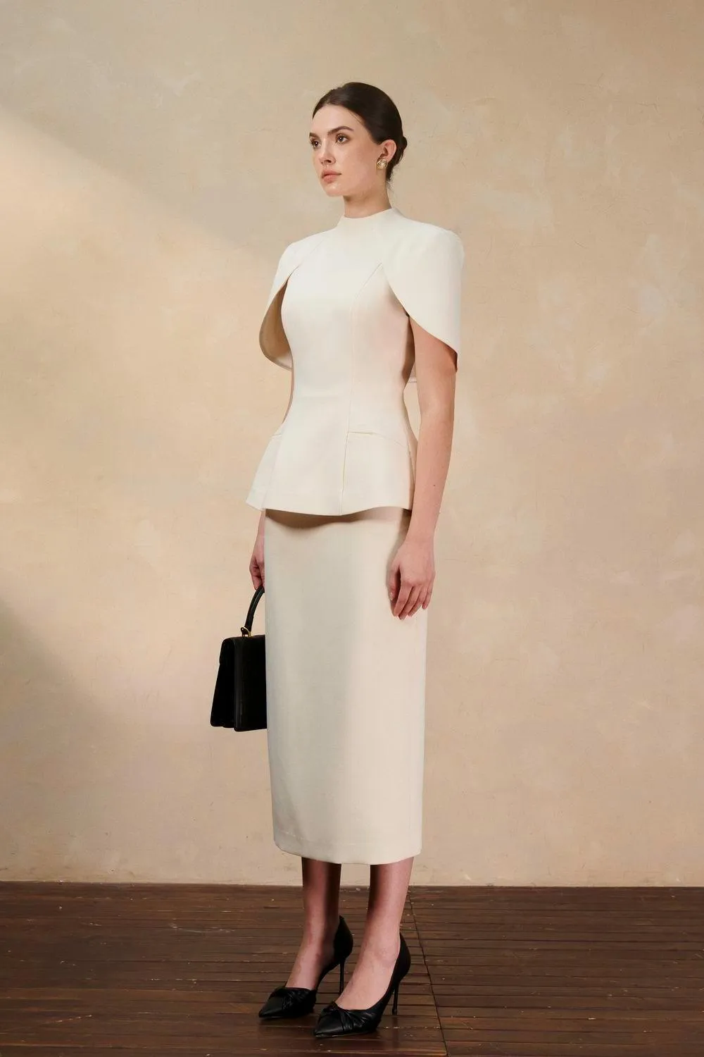 Molisa Sheath Back Slit Twill Midi Skirt