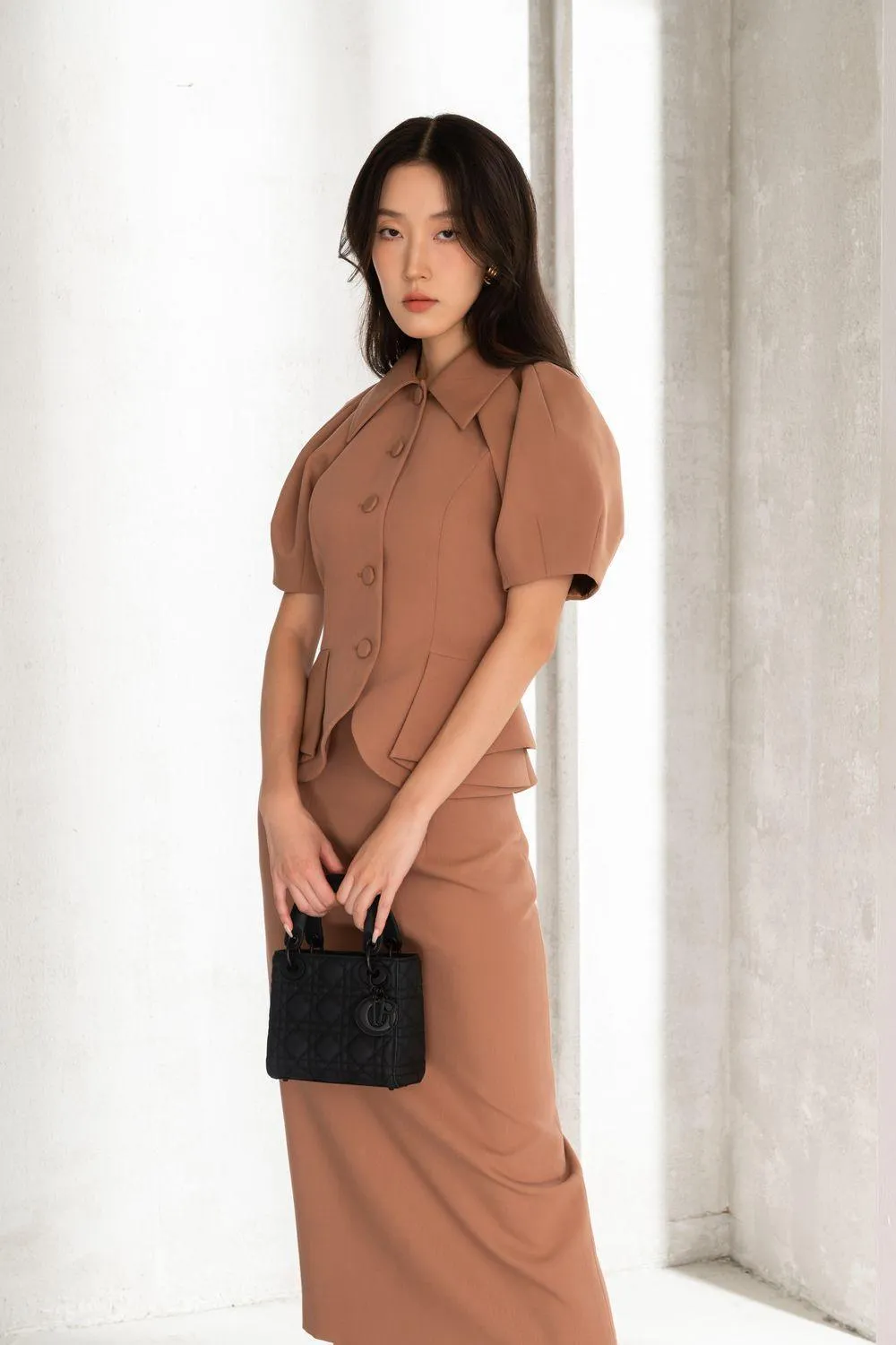 Molisa Sheath Back Slit Twill Midi Skirt