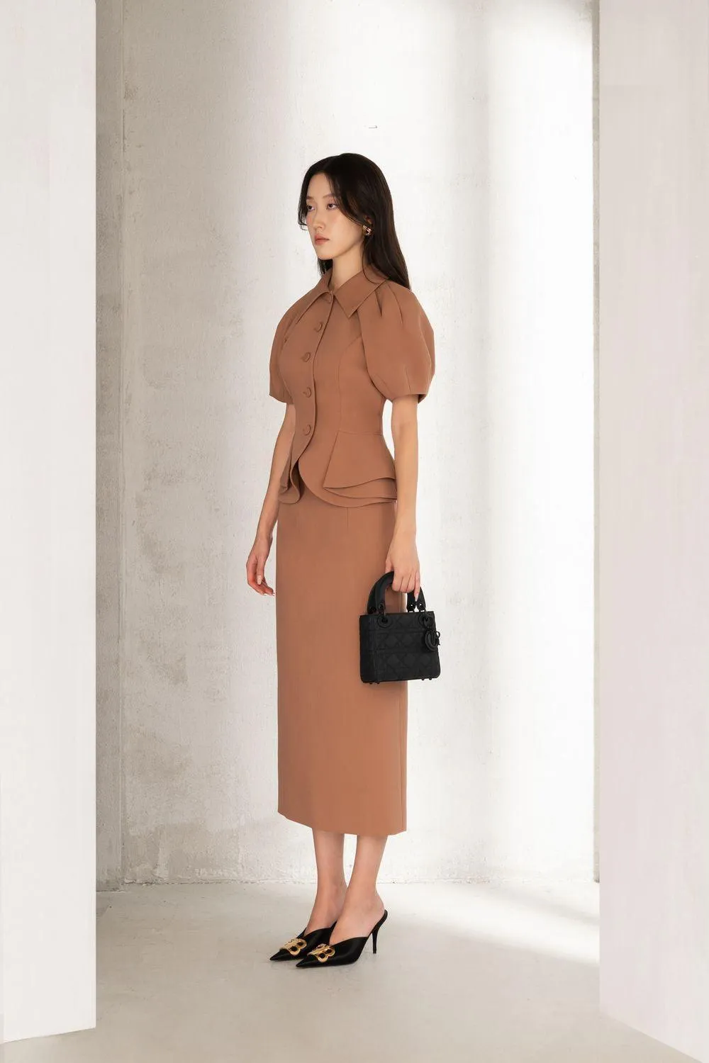 Molisa Sheath Back Slit Twill Midi Skirt