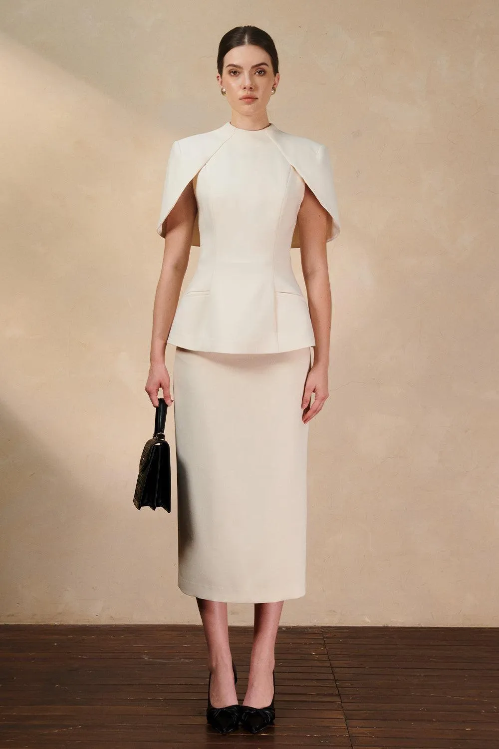 Molisa Sheath Back Slit Twill Midi Skirt