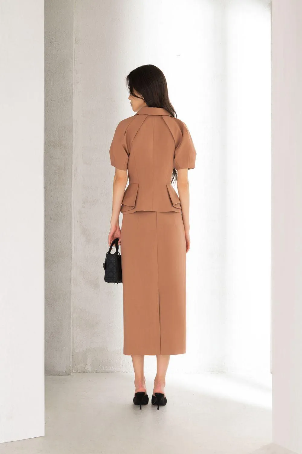 Molisa Sheath Back Slit Twill Midi Skirt