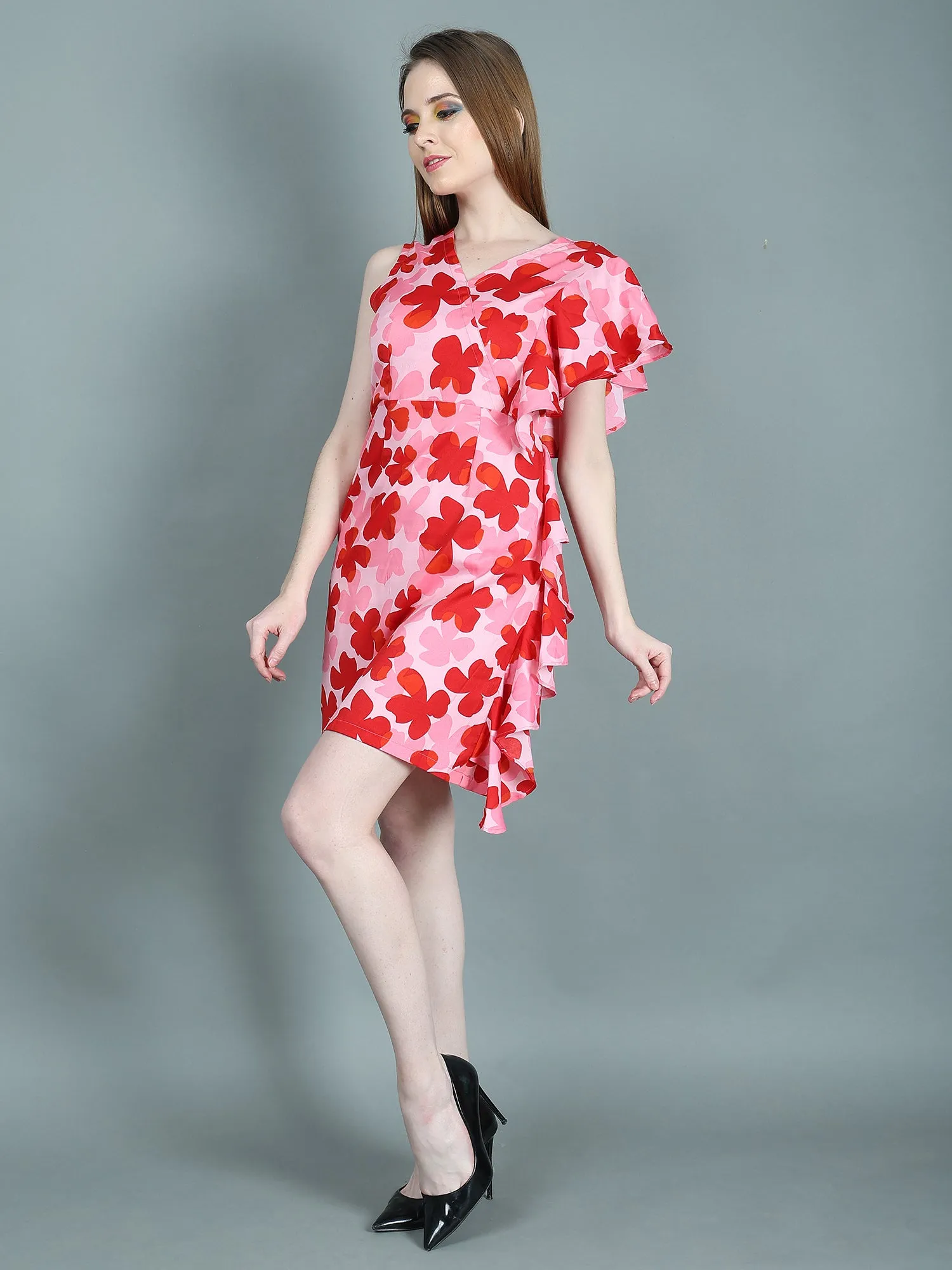 MULTICOLOURED FLORAL RUFFEL A LINE DRESS FOR WOMEN