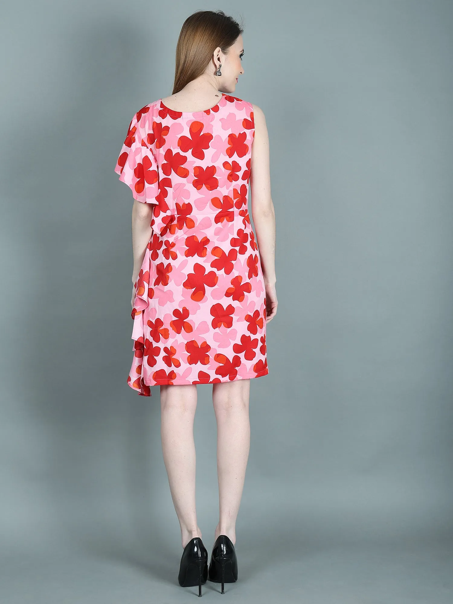 MULTICOLOURED FLORAL RUFFEL A LINE DRESS FOR WOMEN