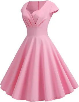 NaRHbrg Women's 1950s Vintage Dress Wrap V Neck Cap Sleeve Dress Retro Cocktail Party Swing Dresses A-Line Flared Midi Dress