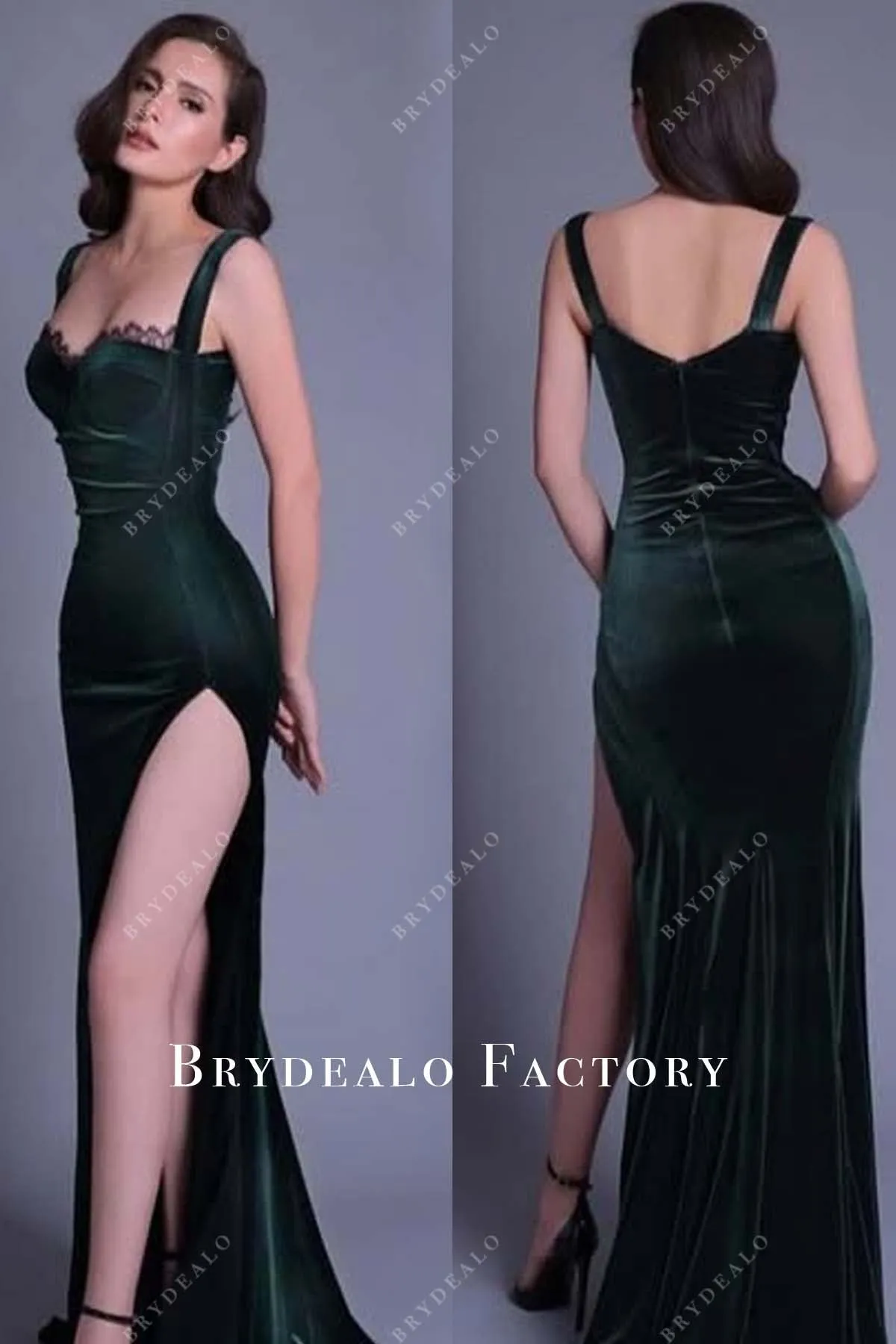 Navy Blue Velvet Sexy Slit Floor Length Formal Dress