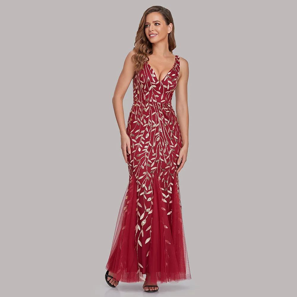 New 2023 Dress Sexy Dress Sleeveless V-neck Embroidery Sequin Slim Fishtail Bridesmaid Evening Dress for Women