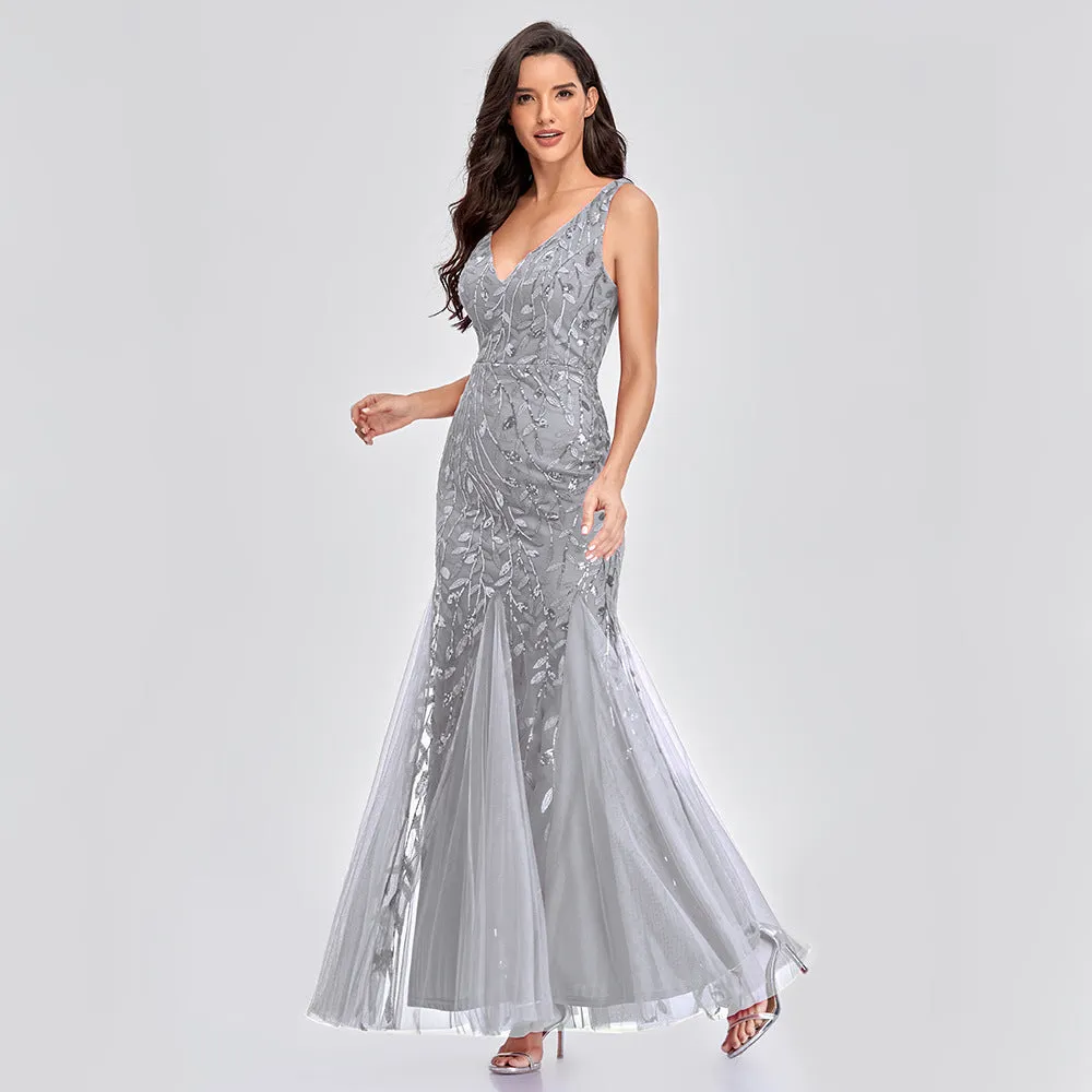 New 2023 Dress Sexy Dress Sleeveless V-neck Embroidery Sequin Slim Fishtail Bridesmaid Evening Dress for Women