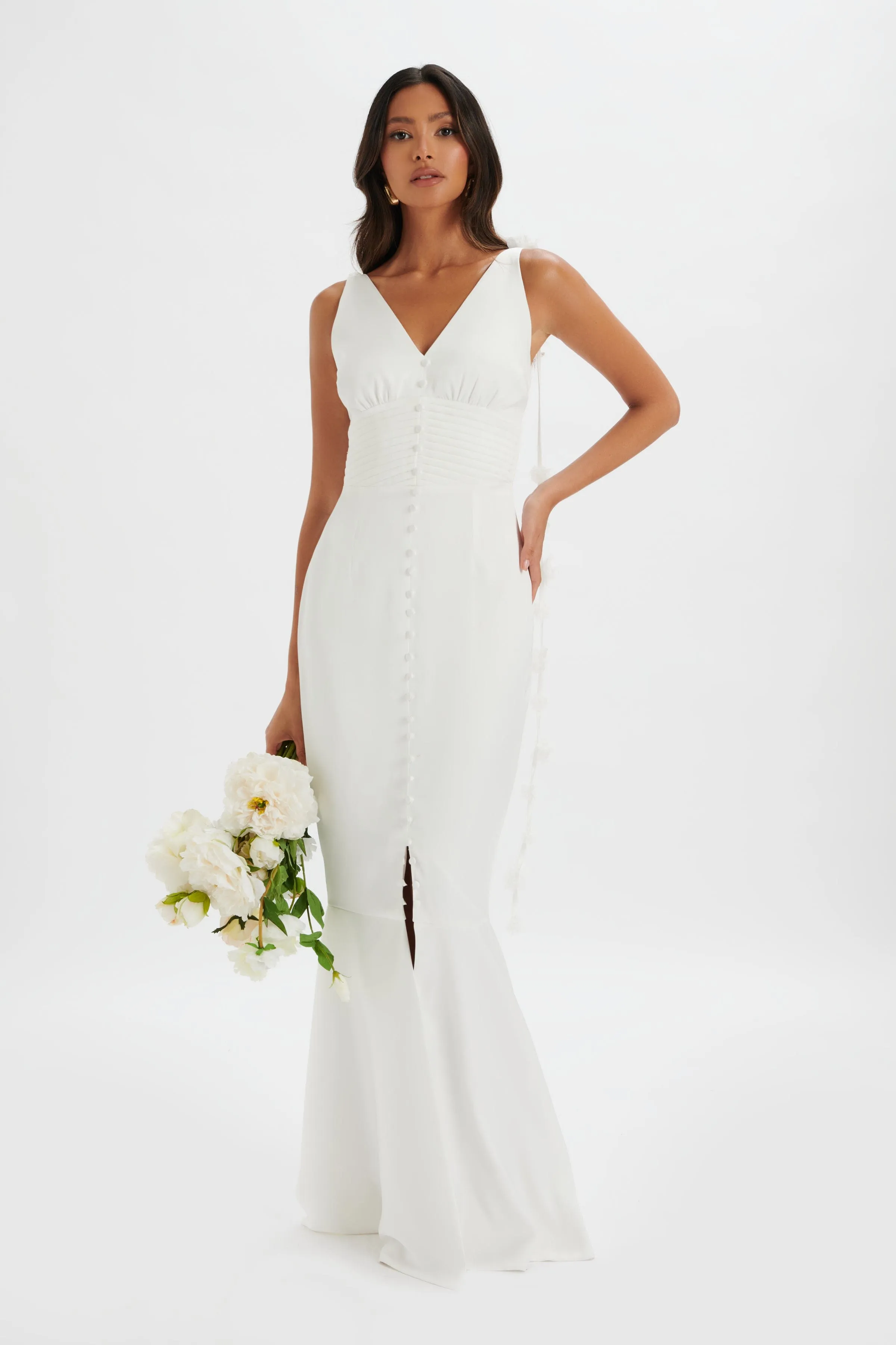NOVIE Floral Strap Satin Fit and Flare Maxi Dress in Ivory