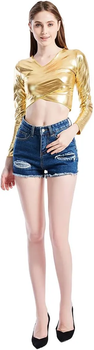 OBEEII Womens Metallic Crop Top Long Sleeve Shirt Shiny V Neck Tank Tops Holographic Night Out Rave Festival Club Top