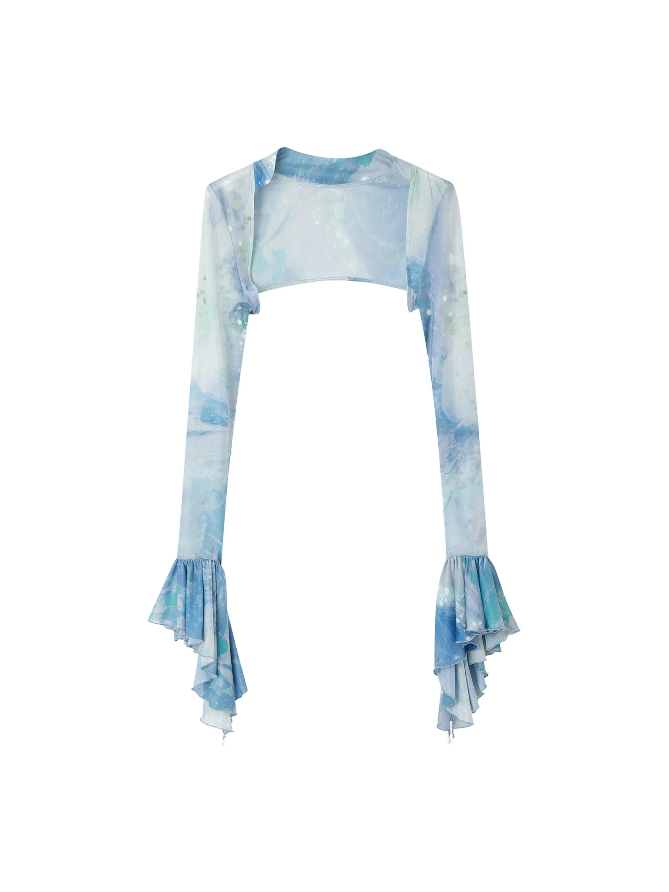Of Akiva Ethereal Sky Blue Watercolor Maxi Dress Set - Women'S Spaghetti Strap Mermaid Gown With Matching Bell Sleeve Bolero
