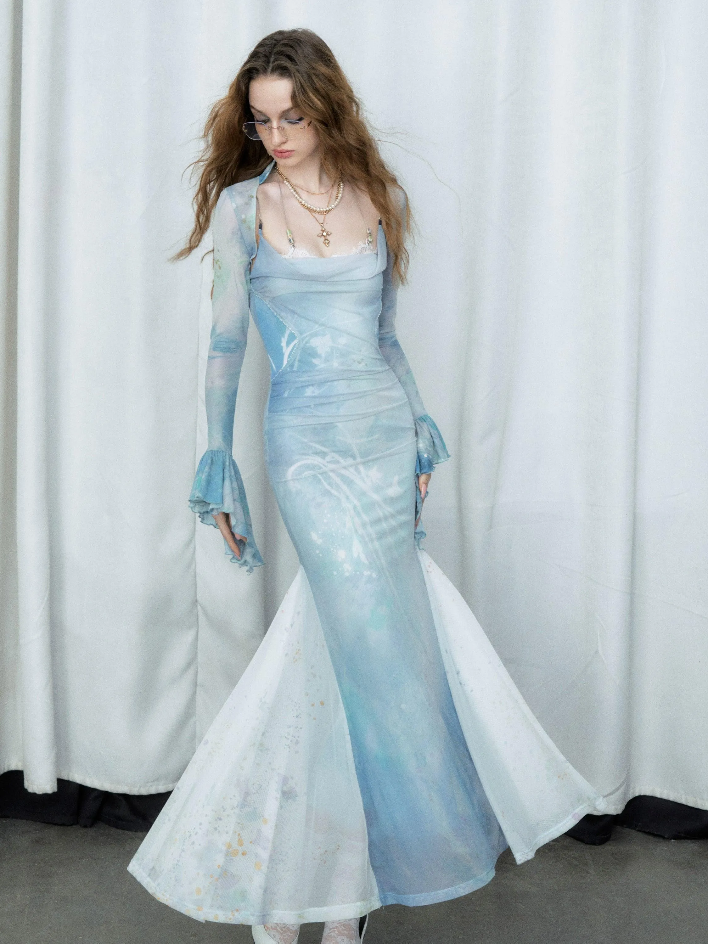 Of Akiva Ethereal Sky Blue Watercolor Maxi Dress Set - Women'S Spaghetti Strap Mermaid Gown With Matching Bell Sleeve Bolero