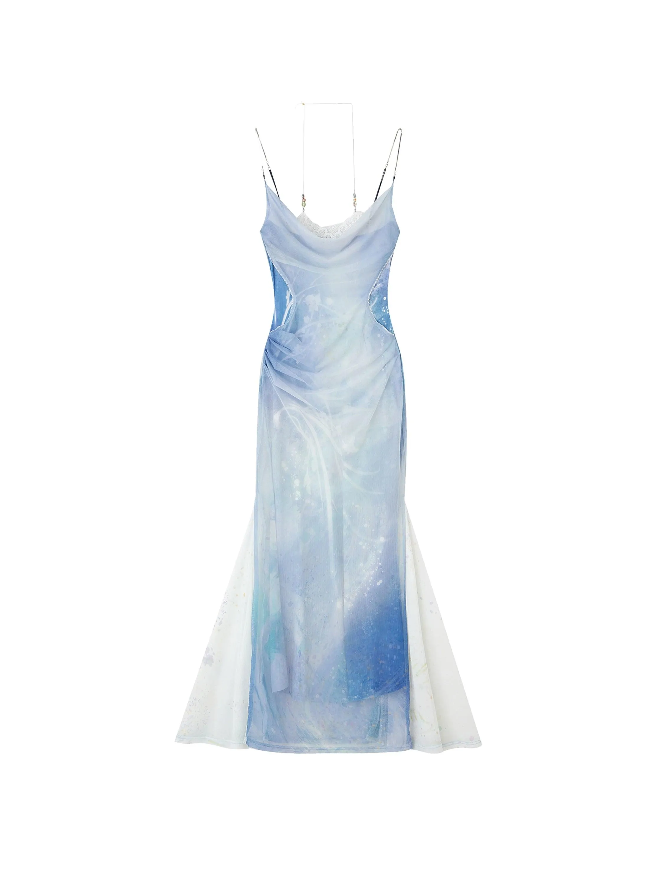 Of Akiva Ethereal Sky Blue Watercolor Maxi Dress Set - Women'S Spaghetti Strap Mermaid Gown With Matching Bell Sleeve Bolero